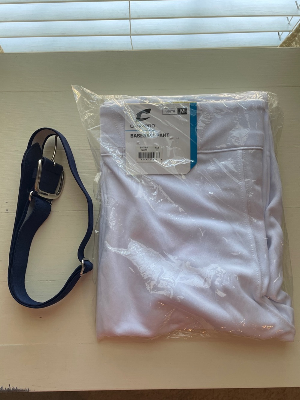Champro Youth White Baseball Pants - With Navy Belt. Size Youth Medium. New.
